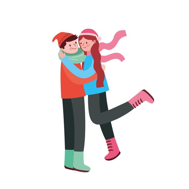 Couple hugging in the middle of winter over white background .vector illustration