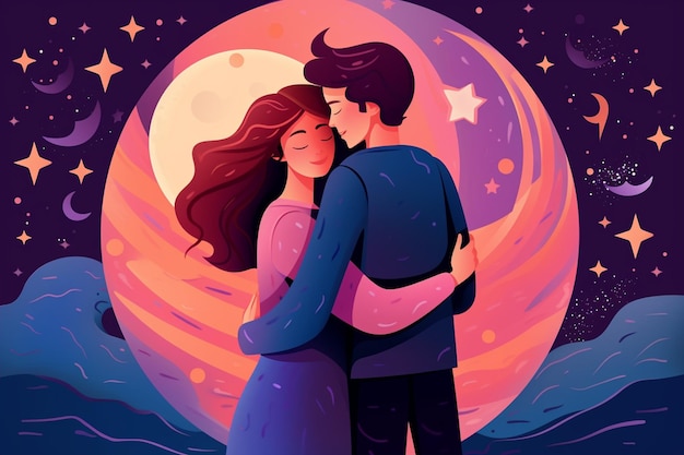 Vector couple hugging behind moon