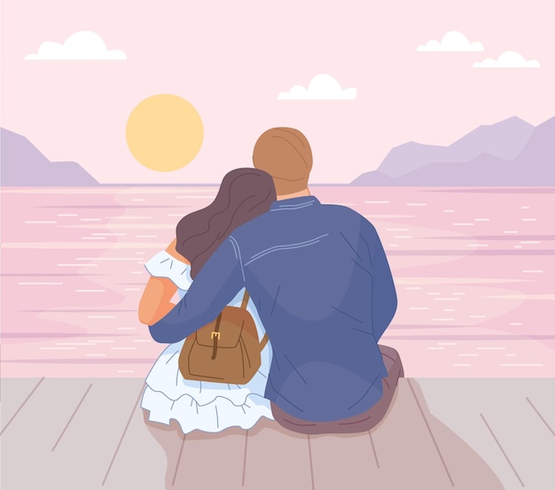 Vector couple hugging at sunset romantic date by ocean family cuddle love of tourists travel pink sun on horizon sky man hug woman back view