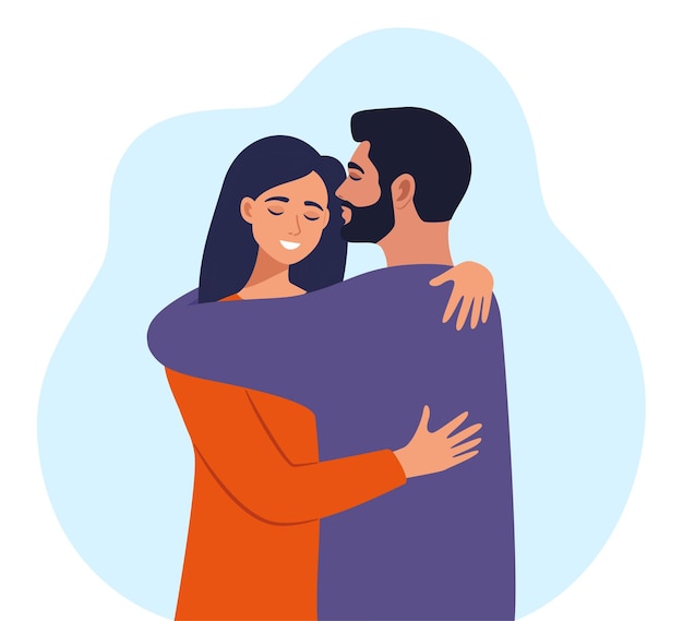 Couple hugging with eyes closed Happy woman and man in love Woman smiles in the arms of her partner