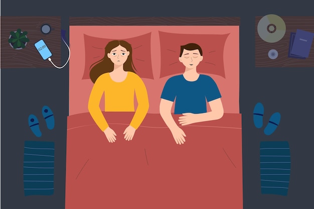 The couple is in bed a woman can't sleep Vector illustration with problems with insomnia concept