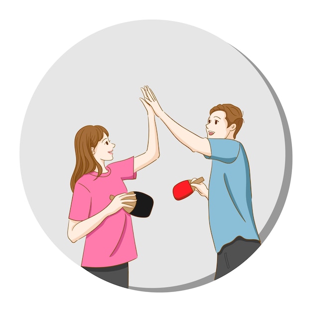 a couple is celebrating their victory holding table tennis rackets