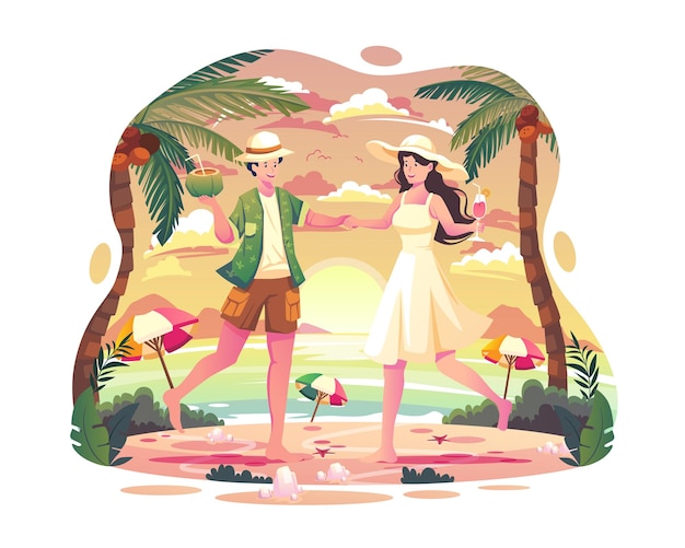 A couple is dancing at the summer beach party in the afternoon illustration