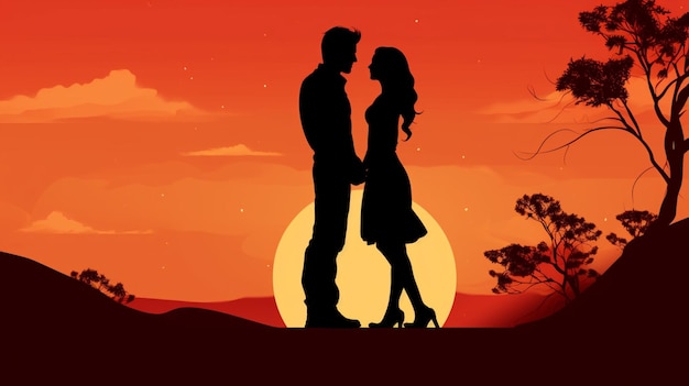 a couple is standing in front of a sunset with the silhouette of a man and woman