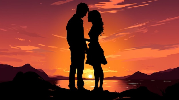 a couple is standing on a rock and the sun is setting behind them