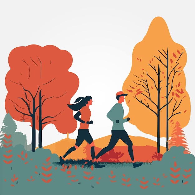 couple jogging in nature minimalist vector illustration