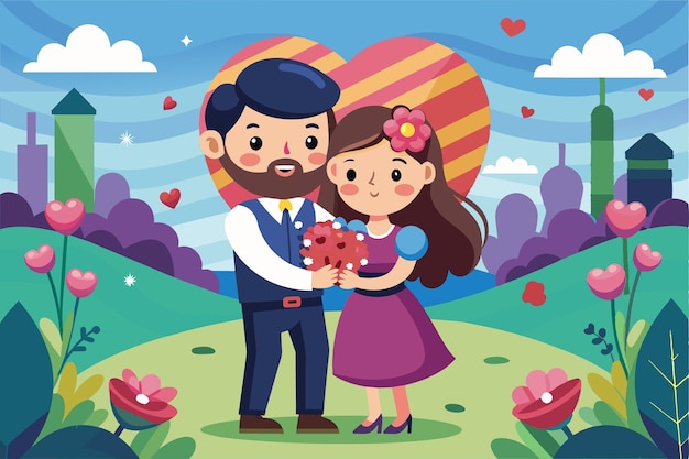 A couple joyfully presents flowers to each other in a colorful romantic setting Free love Customizable Cartoon Illustration