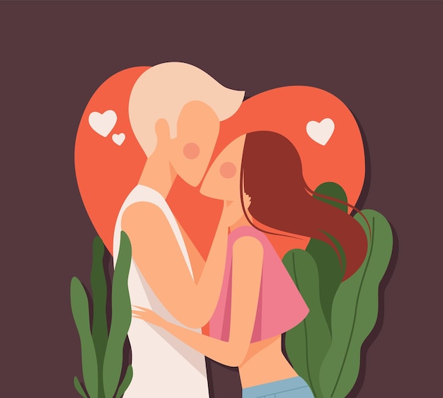 Couple kiss Love dating man kissed woman on red heart background Summer loving vector card