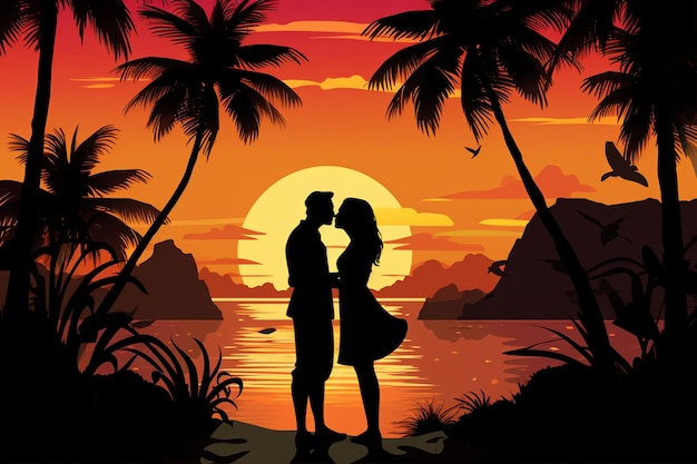 Vector couple kisses on beach at sunset