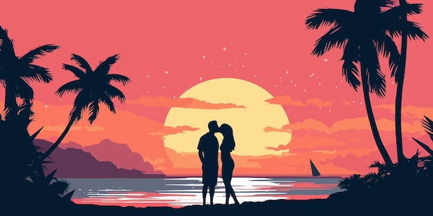 Vector couple kissing each other on the sunset beach with palms vector banner illustration