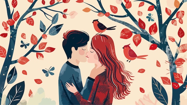 Vector a couple kissing in a tree with a bird on their head