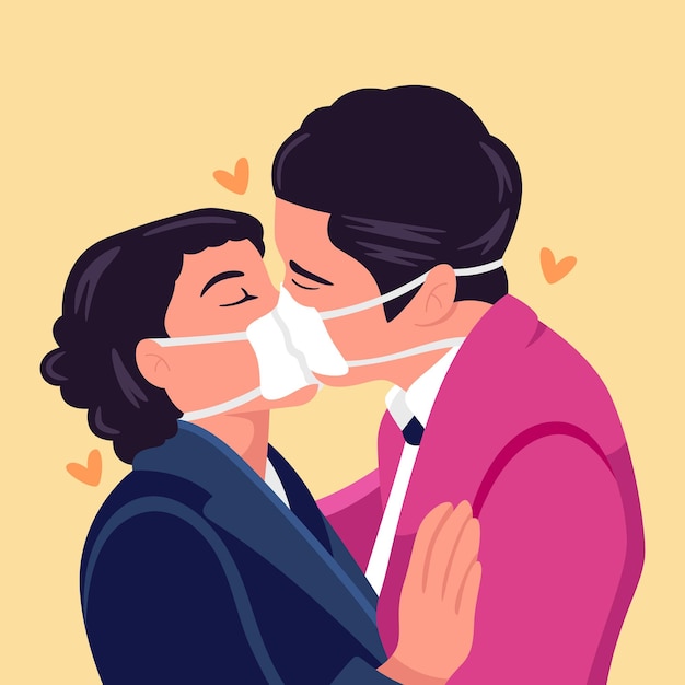 Couple kissing with mask vector. Symbol icon concept isolated premium vector