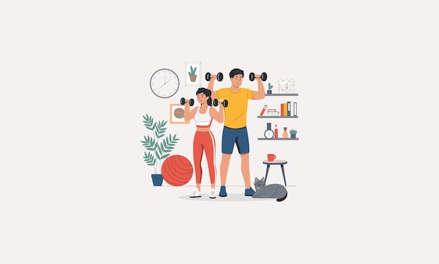 Vector couple lifting dumbbells at home with a cat