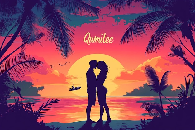 Vector couple in love on a beach at sunset illustration