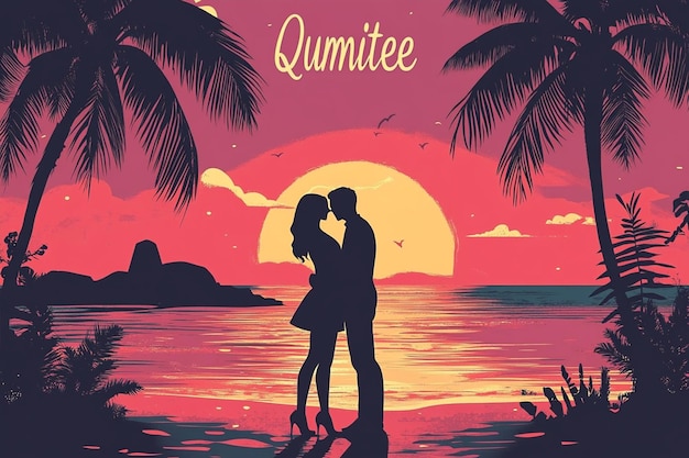 Vector couple in love on a beach at sunset illustration