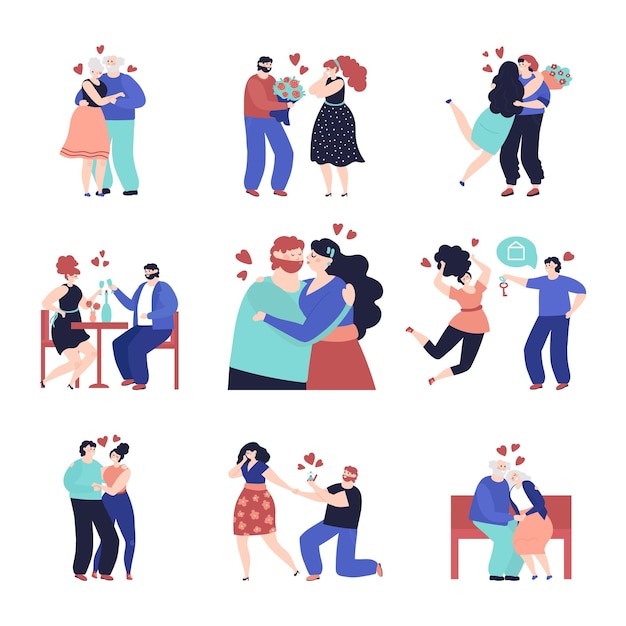 Couple in love characters. Loving people, happy woman man with gift. Romance character in restaurant, valentine day dating decent vector set