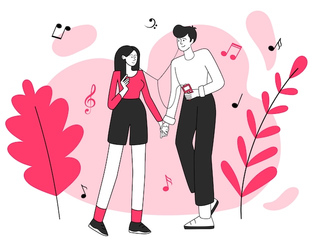 Couple in love illustration. Date, favourite song, romantic atmosphere. Smiling young pair holding hands, happy male and female teens with headphones isolated flat contour characters