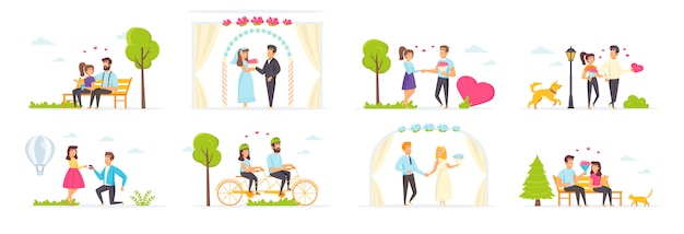 Couple in love set with people characters in various scenes and situations.