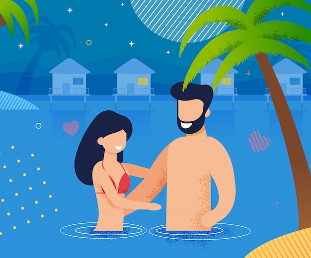 Couple in Love Swimming in Ocean at Night Cartoon