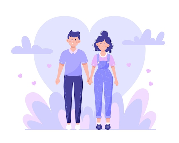 Couple in love walking holding hands on a background with heart and plants Flat vector illustration