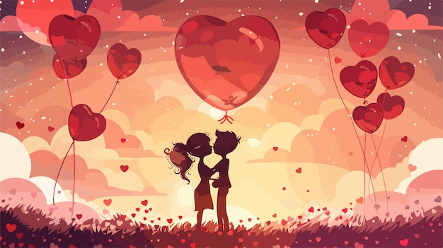 Vector a couple in love with balloons and a girl holding a balloon that says love