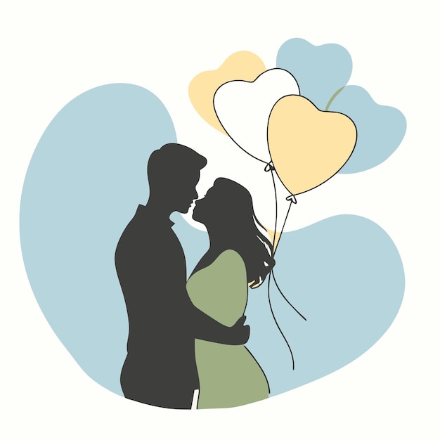 a couple in love with balloons and a heart in the background