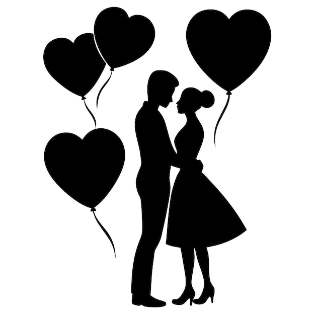 Vector a couple in love with balloons and a silhouette of a couple