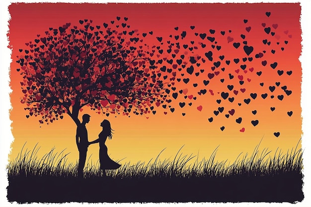 Vector couple in love with tree silhouette