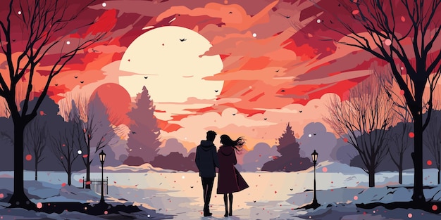 couple in love woman and man kissing outside in winter snow fall romantic cute vector character