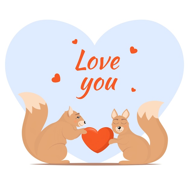 Couple of loving squirrels One squirrel gives another a heart Cute animals in love Love theme card