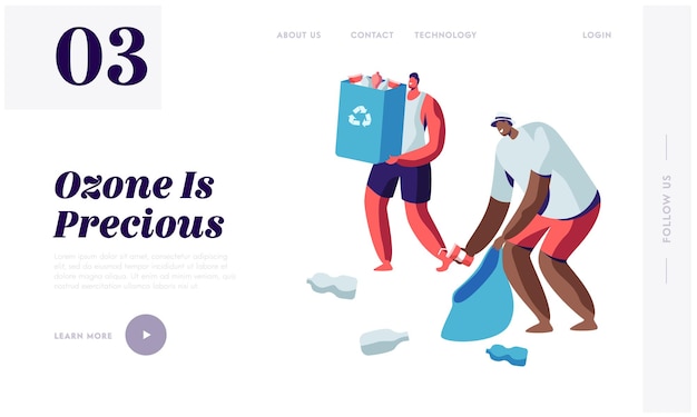 Couple of Male Characters, Volunteer Collecting Trash into Bags with Recycling Sign. Website Landing Page template