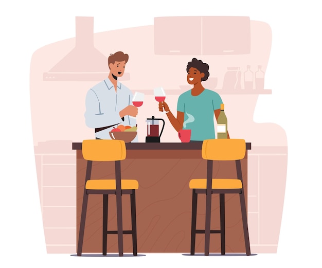 Couple Male and Female Characters Holding Wineglasses in Hands Stand at Kitchen Desk with Fruits People Celebrate Holidays Man and Woman Dating Drink Alcohol at Home Cartoon Vector Illustration