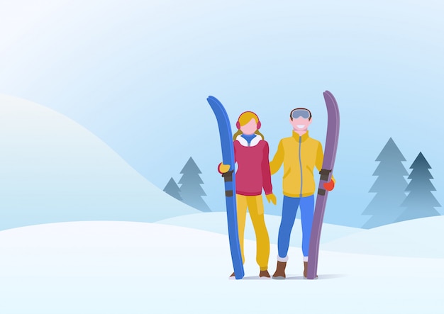 Couple Man and Girl Standing with Ski 