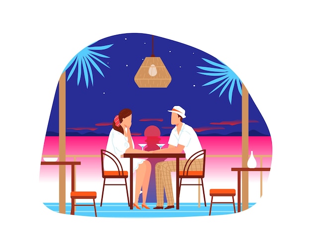 Couple man woman at love date restaurant dinner at sunset vector illustration Romantic summer outdoor meeting dating in cafe together