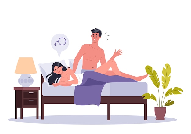 Couple of man and woman lying in bed.  of sexual or intimate problem between romantic partners. Sexual dysfunction, and behavior misunderstanding.   