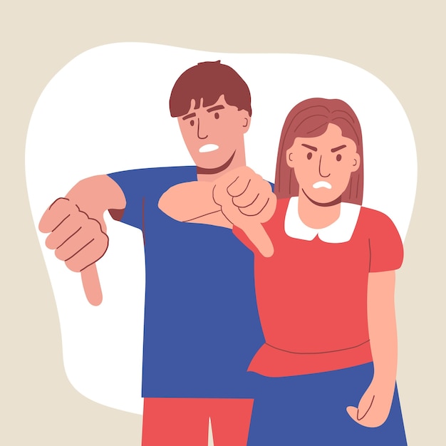 couple man and woman with thumb down gesture of disapproval Negative emotion of the person disliked