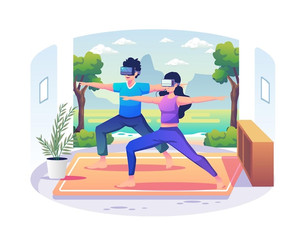 A Couple man and woman with VR glasses doing exercises and yoga in digital nature simulation at home