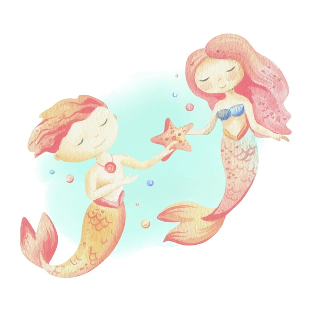 Couple of mermaids boy and girl with starfish and bubbles watercolor illustration hand drawn with