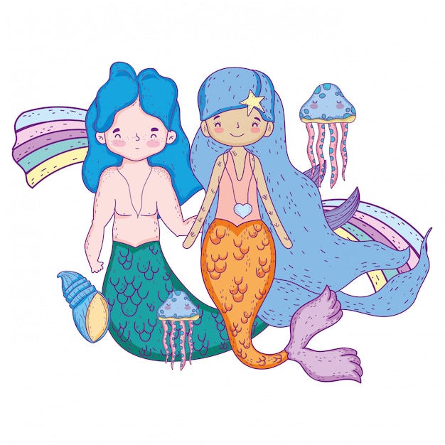 Couple mermaids with rainbow undersea