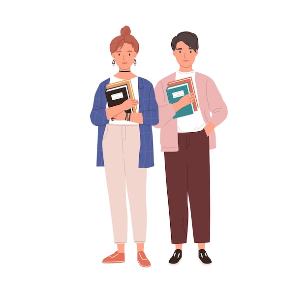 Couple of modern students with books in hands. Young man and woman holding textbooks. Portrait of teenagers standing together. Colored flat vector illustration of friends isolated on white background.