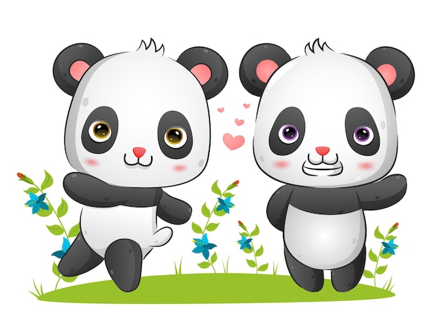 The couple of panda is running and playing in the park together illustration