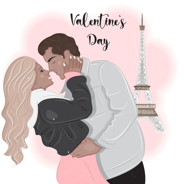 Couple in Paris near the Eiffel Tower Valentine's Day vector illustration 2