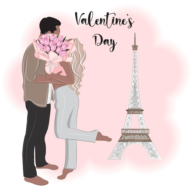 Couple in Paris near the Eiffel Tower Valentine's Day vector illustration 4