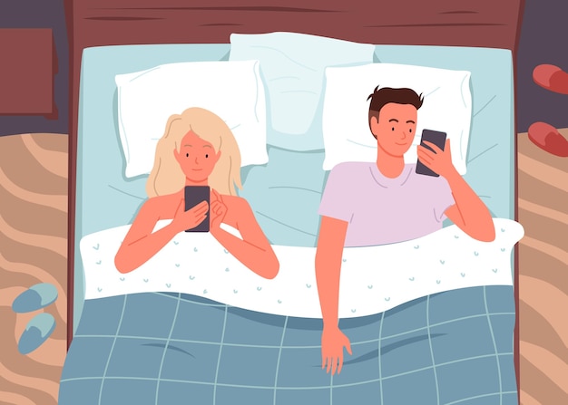 Couple people in bed with phones illustration.