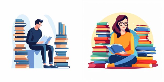 a couple of people sitting in front of a pile of books