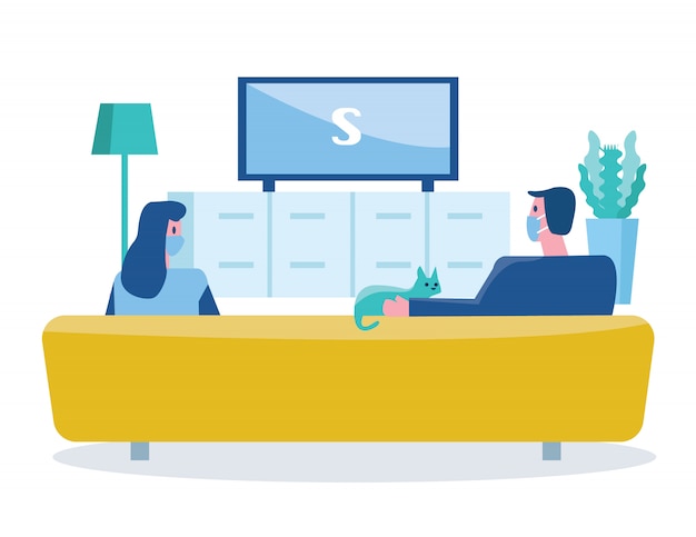 Couple people wearing masks and watching Television. Social distancing concept. flat design illustration