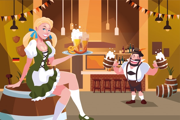 Couple of people with german traditional dress drink beer in bar Oktoberfest celebration