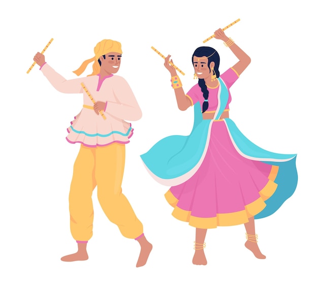 Couple performing indian dance with sticks semi flat color vector characters