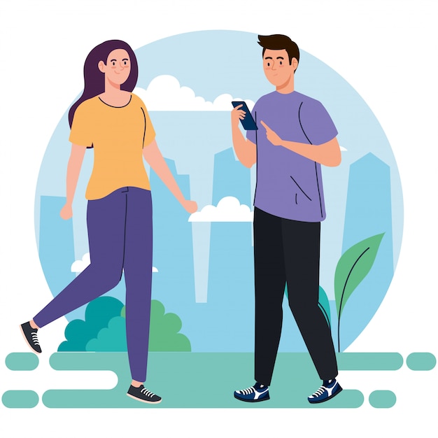 Couple performing leisure outdoor activities, couple using smartphone device illustration design