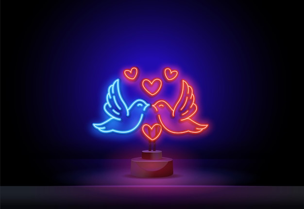 Couple of pigeons with pink heart neon sign Love concept Vector illustration in neon style for topics like wedding dating romance Valentines day